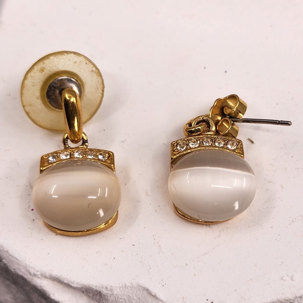 Roman Gold Tone White Cat Eye Glass Rhinestone Drop Dangle Pierced Earrings